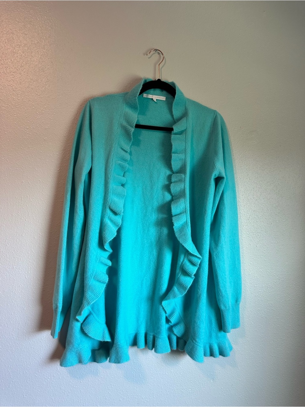 Cashmere Ruffle Cardigan Turquoise Open Front Size M by Captiva Cashmere